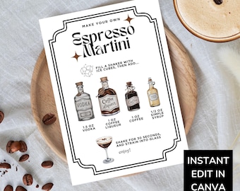 Signature Cocktail Espresso Martini Recipe Sign, Editable Cocktail Menu Card, Bar Accessory for Home Bar Gift Idea, Cocktail Recipe Template