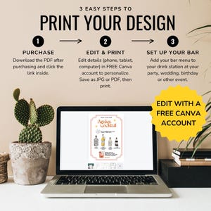 May include: A laptop displays a cocktail recipe with the text "Azalea Cocktail." The image shows a step-by-step guide to print a design, including editing in a free Canva account. A cactus in a pot sits to the left.