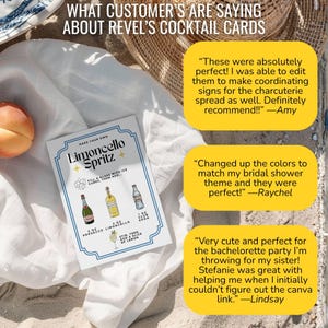 May include: A cocktail recipe card for a Limoncello Spritz, featuring illustrations of ingredients and instructions. The card is white with a blue border and includes customer testimonials. A peach and a woven basket are in the background.