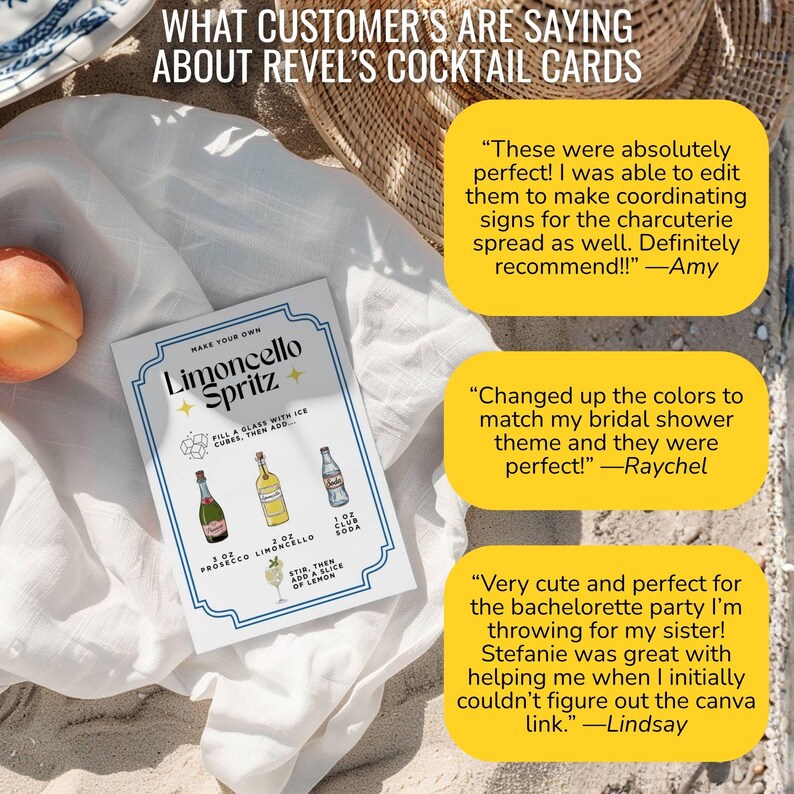 May include: A cocktail recipe card for a Limoncello Spritz, featuring illustrations of ingredients and instructions. The card is white with a blue border and includes customer testimonials. A peach and a woven basket are in the background.