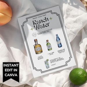 Editable Ranch Water Recipe Card Small, DIY Cocktail Sign, Drink Recipe Card Template, Tequila Lover Stock the Bar Gift Printable Drink Menu