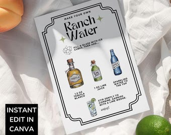 Cartão de receita de água de rancho editável pequeno, placa de coquetel faça você mesmo, modelo de cartão de receita de bebida, estoque de presente de bar para amantes de tequila, menu de bebidas para impressão