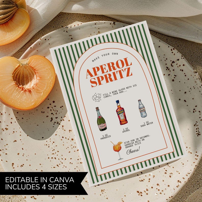 Aperol Spritz Sign for Drink Station Printable, Green Stripe Menu ...