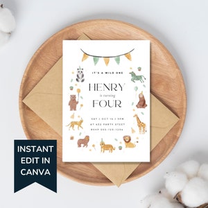 May include: A printable invitation for a child's birthday party. The invitation features a jungle theme with animals like a zebra, giraffe, tiger, and lion. The text on the invitation reads "It's a wild one, Henry is turning four. Sat Oct 14 | 3PM at 432 Party Street. RSVP 555-123-1234".