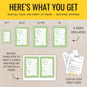 May include: Printable digital files for a Hugo Sprity Bar sign. The image shows four different sizes of the sign: 5x7 inches, 8x10 inches, Letter size, and A4 size. The sign features a green and gold striped background with a white outline and text. The text says "Hugo Sprity Bar" and includes a list of ingredients. The image also includes instructions for printing the sign and a bonus template to print two cards per page on Letter or A4 paper.