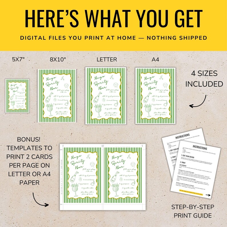 May include: Printable digital files for a Hugo Sprity Bar sign. The image shows four different sizes of the sign: 5x7 inches, 8x10 inches, Letter size, and A4 size. The sign features a green and gold striped background with a white outline and text. The text says "Hugo Sprity Bar" and includes a list of ingredients. The image also includes instructions for printing the sign and a bonus template to print two cards per page on Letter or A4 paper.