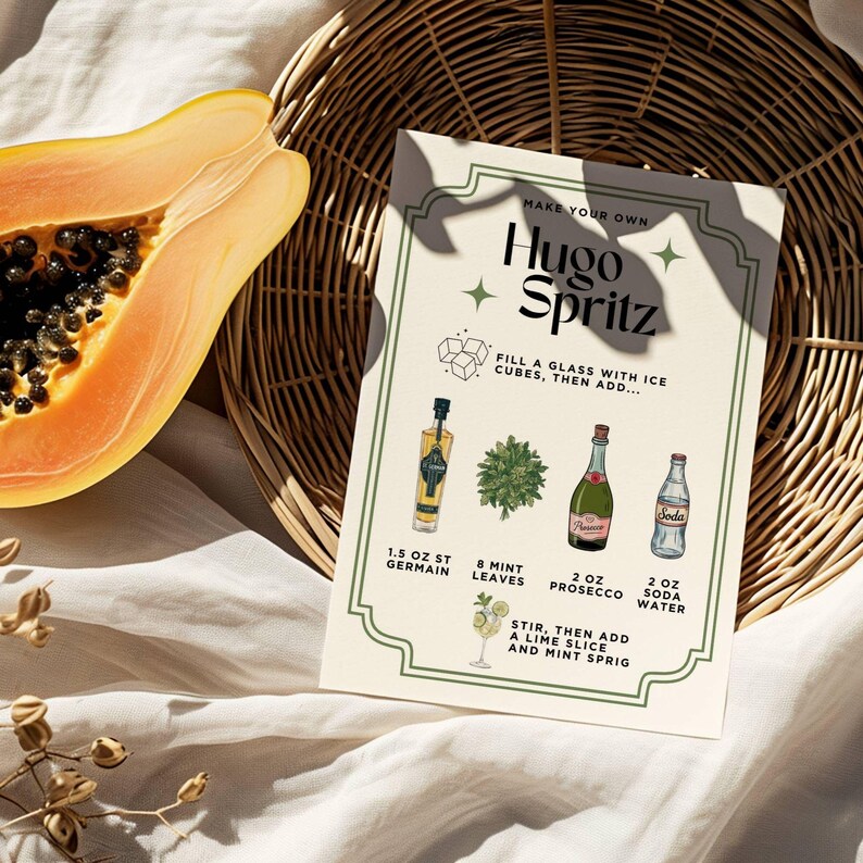 May include: A recipe card for a Hugo Spritz cocktail, featuring illustrations of ingredients like St. Germain, mint leaves, Prosecco, and soda water. A halved papaya and a woven basket are in the background.