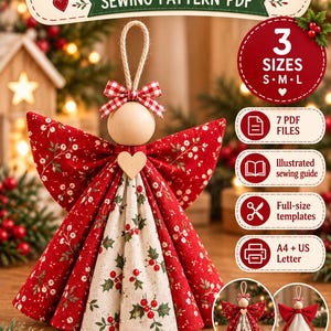 May include: A fabric angel ornament sewing pattern PDF featuring a red and white holly print dress, a wooden bead head, a jute hanging loop, and a red gingham bow. The text includes Fabric Angel Ornament, Sewing Pattern PDF, 3 Sizes S M L.