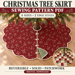 Pode incluir: Um molde de costura digital para saia de árvore de Natal com o texto CHRISTMAS TREE SKIRT SEWING PATTERN PDF 4 SIZES 2 EDGE STYLES. A saia é vermelha com estampa floral, bordas recortadas e fechos de botões.