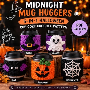 Peut inclure: Un modèle de crochet 5-en-1 pour protège-tasse d'Halloween comprenant cinq motifs : un protège-tasse violet avec un chapeau de sorcière noir, un violet avec un fantôme blanc, un noir avec une chauve-souris, un orange avec une citrouille et un noir avec une toile d'araignée blanche.