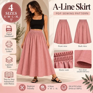 Peut inclure: Un patron de couture numérique PDF pour une jupe trapèze disponible en quatre tailles, du S au XL. Le patron comprend des instructions pour une jupe rose avec une taille élastique et un ourlet double, incluant des vues avant et arrière.