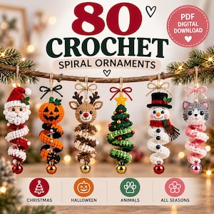 May include: A digital download featuring 80 crochet spiral ornaments. Six hanging examples include a Santa, a pumpkin, a reindeer, a Christmas tree, a snowman, and a cat. Each ornament has a spiral base and a small bell at the bottom.