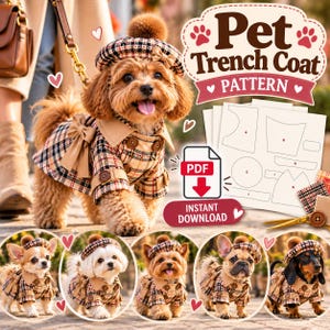 Peut inclure: Un patron de couture numérique pour un trench-coat pour animal de compagnie avec une veste à carreaux et un béret assorti. L'image montre un chien portant la tenue, une icône de téléchargement PDF et des patrons en papier étiquetés.