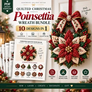 Op de afbeelding: Een digitaal PDF-patroon voor een gewatteerde kerstster-kransbundel met 10 ontwerpen in 1. Het document bevat stapsgewijze instructies, sjablonen en illustraties van diverse feestelijke motieven zoals de kerstman, rendieren en sneeuwvlokken.