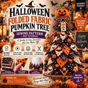 Puede incluir: Un patrón de costura y tutorial en PDF para un árbol de calabaza de Halloween hecho con tela plegada. La imagen muestra un árbol cónico formado por triángulos de tela superpuestos en naranja, negro y morado con estampados de murciélagos y estrellas.