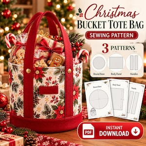 Könnte beinhalten: Ein Schnittmuster für eine weihnachtliche Eimertasche aus cremefarbenem Stoff mit roten Weihnachtssternen und grünen Tannenzweigen. Das Set enthält drei Schnittteile: einen runden Boden, ein Seitenteil und Henkel als PDF-Download.