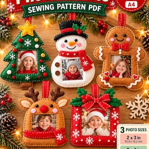 May include: Five felt Christmas photo frame ornaments in shapes of a tree, snowman, gingerbread person, reindeer, and square. Includes text: Christmas Photo Frames, SEWING PATTERN PDF, PDF A4, 3 PHOTO SIZES, 2 x 3 in, 3 x 4 in, 4 x 6 in.