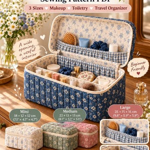 May include: A rectangular quilted pouch with a blue floral exterior and a light blue gingham interior. The pouch features a wide-opening lid, internal dividers, and pockets. Text includes Open Wide Pouch Sewing Pattern PDF and size labels.
