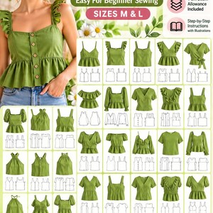 Peut inclure: Une collection de patrons de couture numériques intitulée 30+ Sewing Tops pour les tailles M et L. L'image présente divers modèles de hauts verts, incluant des styles à volants, boutonnés, à manches bouffantes, à basque et cache-cœur.
