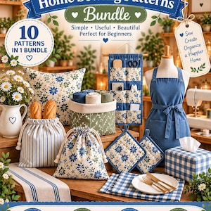 Op de afbeelding: Een digitaal pakket met 10 naaipatronen voor beginners in een blauw en groen kleurenpalet. De afbeelding toont een blauw schort, een wandorganizer, stoffen opbergmanden, trekkoordzakjes, pannenlappen en een hoes voor een tissuebox.