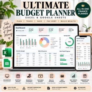 Peut inclure: Un outil de planification budgétaire Ultimate Budget Planner pour Excel et Google Sheets affiché sur un écran d'ordinateur portable et de smartphone. L'interface présente un tableau de bord avec des graphiques de revenus, dépenses, épargne et dettes.