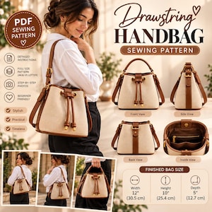 Op de afbeelding: Een PDF-naaipatroon voor een handtas met trekkoord. De beige en bruine tas heeft een emmervorm, een handvat en een verstelbare schouderband. De afgewerkte tas is 30,5 cm breed, 25,4 cm hoog en 12,7 cm diep. Inclusief instructies.
