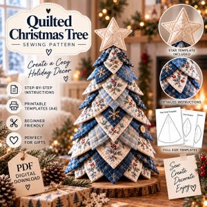 May include: A Quilted Christmas Tree sewing pattern featuring a layered fabric tree with blue and white floral and snowflake patterns, topped with a quilted star. Includes printable A4 templates, step-by-step instructions, and PDF digital download.