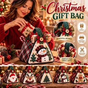 Pode incluir: Uma bolsa de presente triangular de tecido acolchoado com um aplique de boneco de neve, painéis laterais xadrez e uma alça verde adornada com uma flor de natal vermelha e um botão de madeira. A bolsa exibe designs natalinos com Papai Noel.