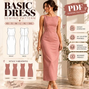 Peut inclure: Un patron de couture PDF pour une robe sans manches longue jusqu'aux pieds de couleur rose poudré. Le graphique inclut le texte BASIC DRESS SEWING PATTERN, des tailles XS-XXL, des croquis techniques avant et arrière, et des variantes de longueur courte, genou, midi et maxi.