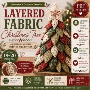 May include: A PDF pattern for a layered fabric Christmas tree, featuring a quilted star topper and leaf-shaped petals in red, green, and cream floral prints. The design stands 18-20 inches tall and includes instructions for three leaf sizes.
