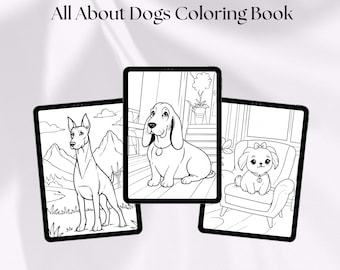 May include: Three black and white illustrations of dogs on a white background. The first illustration shows a Doberman Pinscher standing in a mountainous landscape. The second illustration shows a Basset Hound sitting on a porch. The third illustration shows a small dog sitting in a chair.