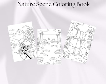 Puede incluir: Tres páginas para colorear en blanco y negro con escenas de la naturaleza. La primera página muestra una cabaña en un lago con montañas en el fondo. La segunda página muestra un lago con nenúfares y flores. La tercera página muestra una cascada en un bosque.