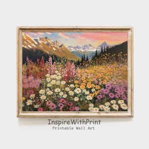 Mountain Wildflower Landscape Art Printable Spring Summer Wall Decor, Colorful Flower Meadow Field Painting Boho Mountain Landscape Wall Art