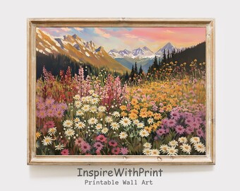 Mountain Wildflower Landscape Art Printable Spring Summer Wall Decor, Colorful Flower Meadow Field Painting Boho Mountain Landscape Wall Art