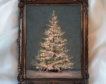 Impresión de árbol de Navidad vintage, decoración navideña festiva, impresión de luces navideñas melancólicas, arte de árbol de Navidad rústico, impresión navideña oscura