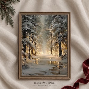 May include: A framed wall art print featuring a snowy forest path lined with tall pine trees covered in snow and illuminated by warm, glowing fairy lights. The scene depicts a winter landscape with reflections on the ground. Text reads InspireWithPrint.
