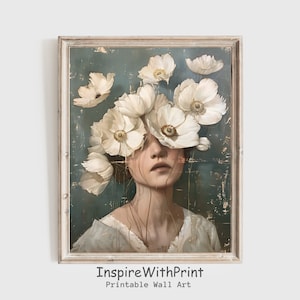 花の頭を持つ女性の絵画、憂鬱な女性のポートレート壁アート、デジタルダウンロードフェミニストアート、白い花のプリントを持つニュートラルなポートレート