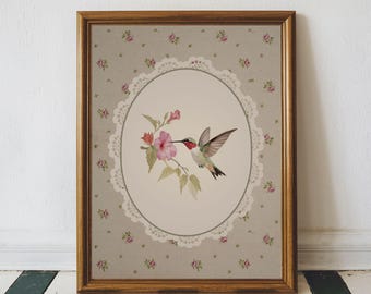 Vintage Kolibri-Druck, antike Vogelwandkunst druckbare Cottage Core-Druck, großartige tausendjährige Kunst, neutrale Wandkunst, launischer Vogeldruck
