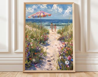 ビーチの小道の海岸壁画、母娘の海の絵画プリント、子供部屋用の野花のビーチ装飾、夏のコテージの海景ポスター