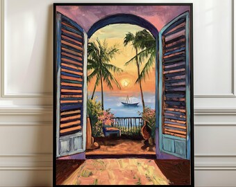 Matisse Open Window Art Printable Coastal Landscape Art Print, Mediterranean Sunset Painting, Matisse Modern Exhibition Summer Wall Art