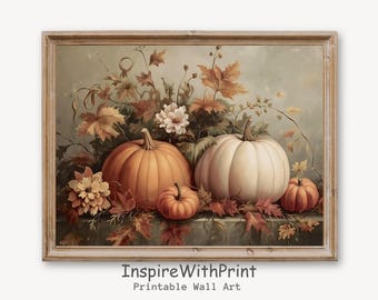 ヴィンテージのカボチャの絵画、カボチャと秋の植物のプリント、素朴な秋の農家のアートプリント可能な秋のコテージコアプリントカボチャの静物画