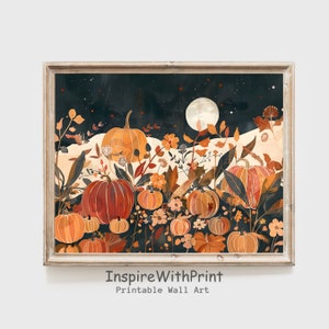 Fall Landscape Wall Art, Pumpkin Field Landscape Painting, Printable Pumpkins Wall Art, Moody Autumn Art Print, Cottage Fall Decor