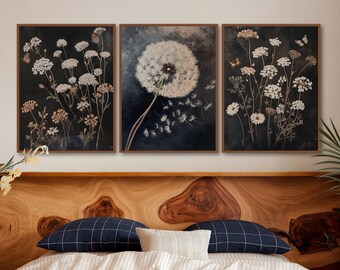 Moody Wildflowers Print Set of 3, Dandelion Print, Dark floral Art Printable Antique Wall Decor, Rustic Wall Art, Boho Flower Neutral Print