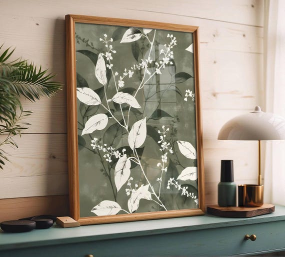 Abstract Green and White Botanical Print, Aesthetic White and