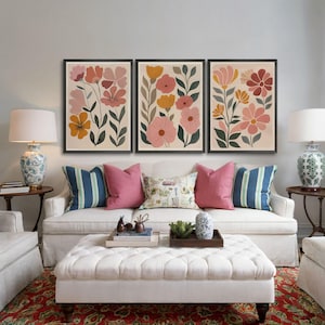 Midcentury Modern Boho Flower Wall Art Set of 3, MCM Flower Printable Boho Floral Art, Moody Botanical Art Decor, Nursery Boho Wall Art