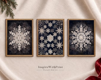 Vintage Christmas Snowflake Wall Art Set of 3, Dark Winter Printable Decor, Neutral Holiday Gallery Set