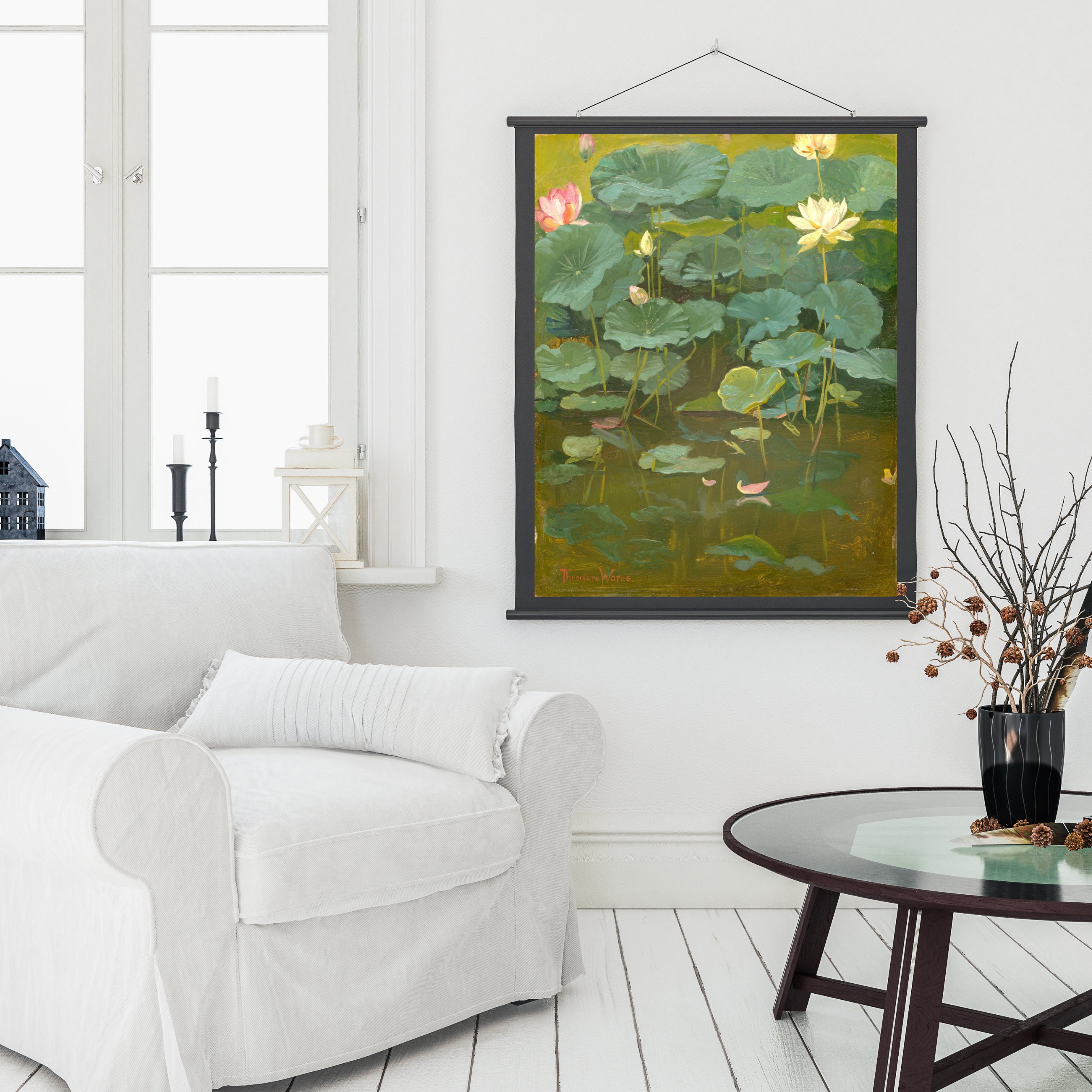 Vintage Lotus Flower Painting, Digital Download Green Leaves Art, Yoga ...