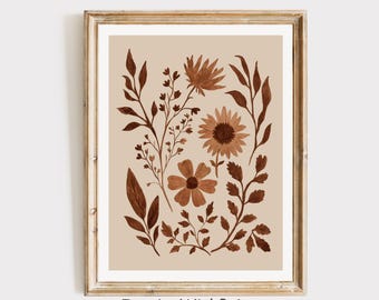 Brown Botanical Printable Boho Wall Art, Neutral Floral Print, Vintage Spring Wildflower Print, Boho Flower Wall Decor, Neutral Nature Print