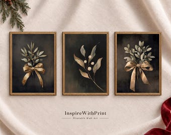 Vintage Christmas Wall Art Set of 3, Dark Botanical Bow Prints, Moody Holiday Gallery Wall Decor