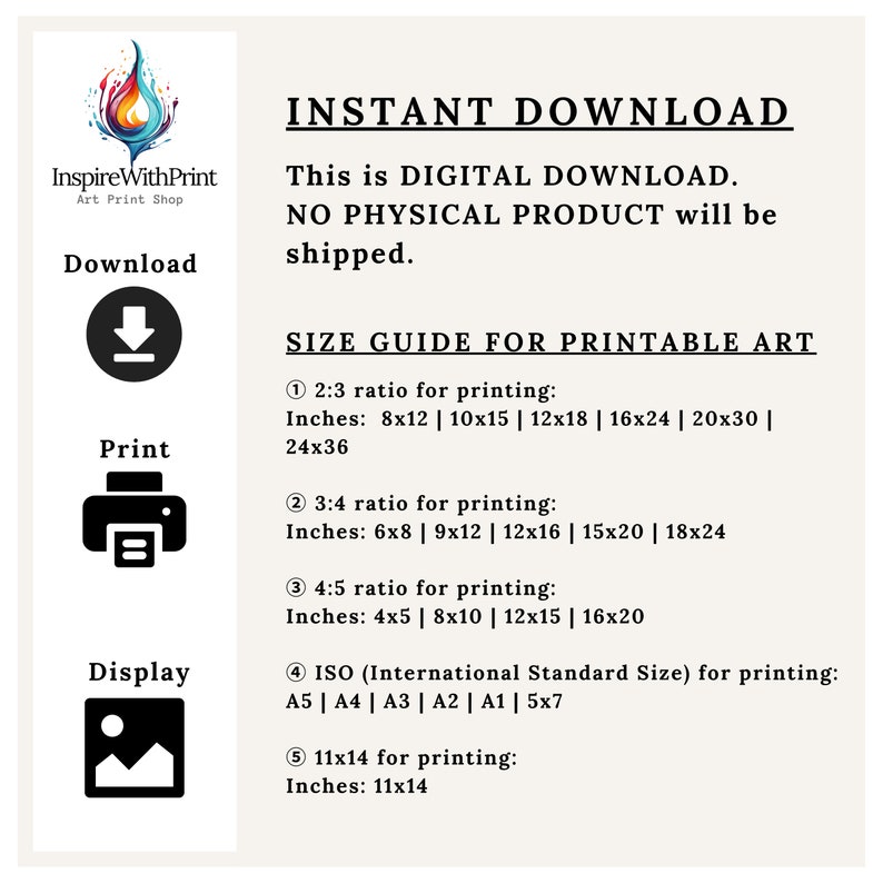 K&ouml;nnte beinhalten: Ein digitaler Download-Leitfaden f&uuml;r druckbare Kunst mit verschiedenen Gr&ouml;&szlig;enverh&auml;ltnissen und Standardgr&ouml;&szlig;en in Zoll. Der Leitfaden enth&auml;lt Gr&ouml;&szlig;en wie 8x12, 10x15, 12x18, 16x24, 20x30, 24x36, 6x8, 9x12, 12x16, 15x20, 18x24, 4x5, 8x10, 12x15, 16x20, A5, A4, A3, A2, A1 und 5x7.